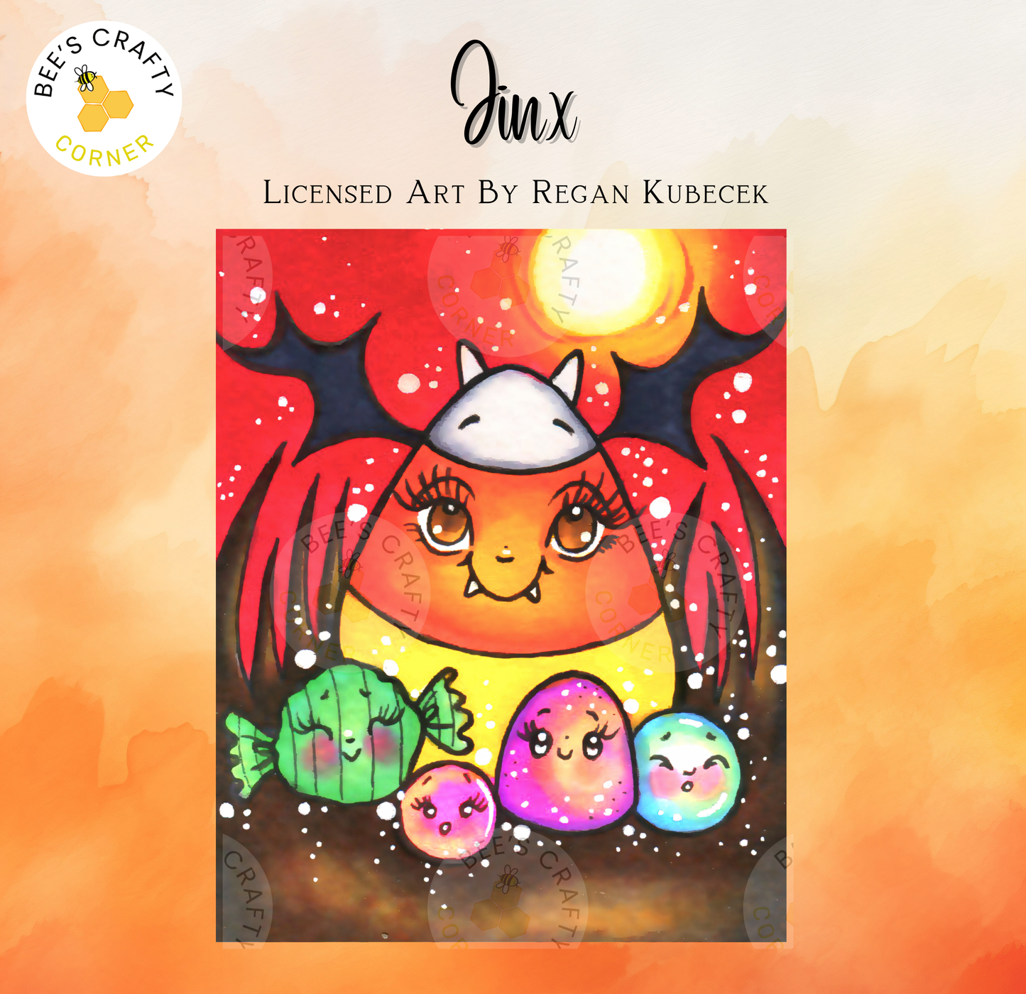 The image is a colorful illustration featuring a cartoon character resembling a monster or dragon, surrounded by various other characters and objects, such as fish and candy.