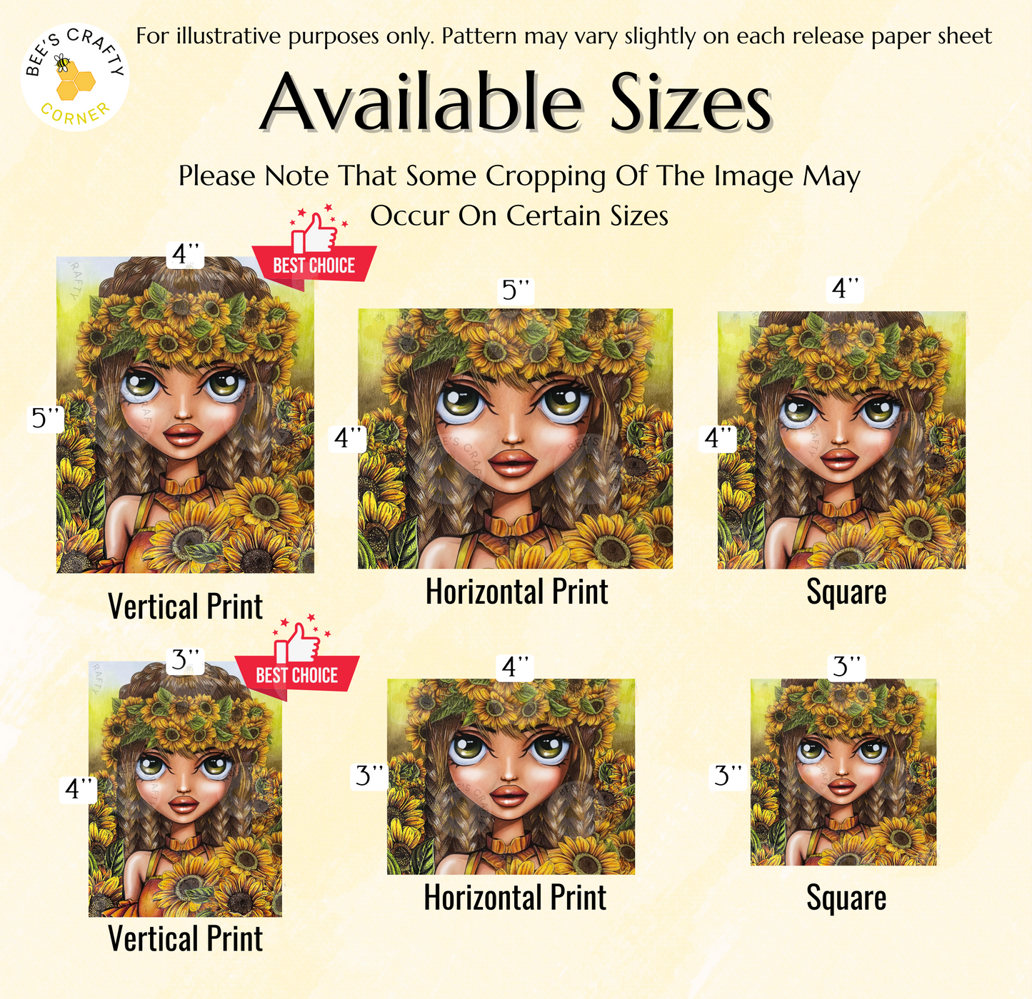 The image is a collage of six different sizes of illustrations featuring a woman with a flower crown. The illustrations are labeled with their respective sizes, including "Vertical Print", "Horizontal Print", " Square", "Vertical Print", and "Horizontal Print". The sizes vary from 3" to 4" in increments of 3, and the illustrations are described as "Best Choice" for each size.