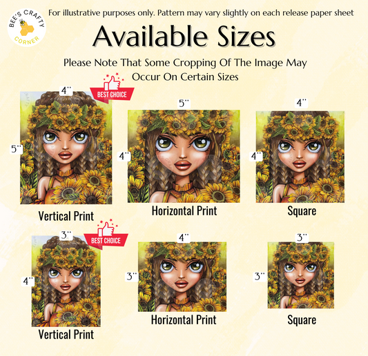 The image is a collage of six different sizes of illustrations featuring a woman with a flower crown. The illustrations are labeled with their respective sizes, including "Vertical Print", "Horizontal Print", " Square", "Vertical Print", and "Horizontal Print". The sizes vary from 3" to 4" in increments of 3, and the illustrations are described as "Best Choice" for each size.