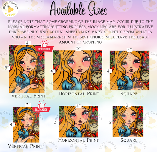 The image is a collage of six different sizes of illustrations featuring a blonde woman with a blue dress and a clock. The illustrations are labeled with their respective sizes, including "Vertical Print", "Horizontal Print", "Horizontal Print", "Vertical Print", "Horizontal Print", and "Vertical Print".