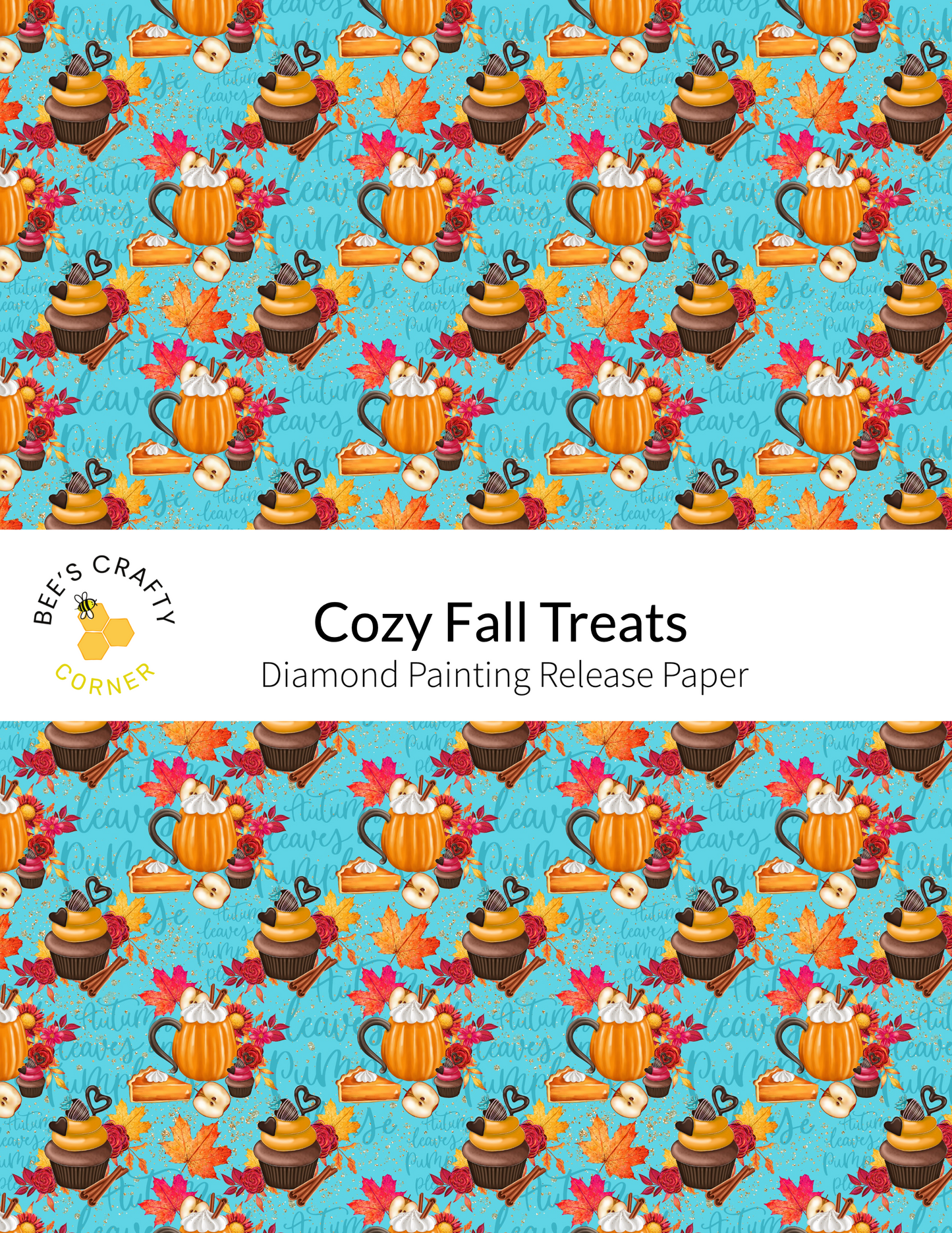 The image is a repeating pattern of various fall-themed objects, including pumpkins, apples, and mugs, against a blue background. The pattern is designed to resemble a cozy fall treat, with the objects arranged in a visually appealing and festive manner.