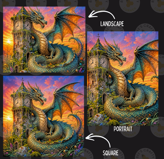 The image is a collage of three pictures depicting a large, colorful dragon with a castle in the background. The dragon is shown in different sizes and orientations, with the largest one being a landscape and the smallest one being a portrait. The castle is also depicted in various sizes and orientations, with the largest one being a landscape and the smallest one being a portrait. The images are labeled "LANDSCAPE" and "PORTRAIT" to indicate the type of the image.