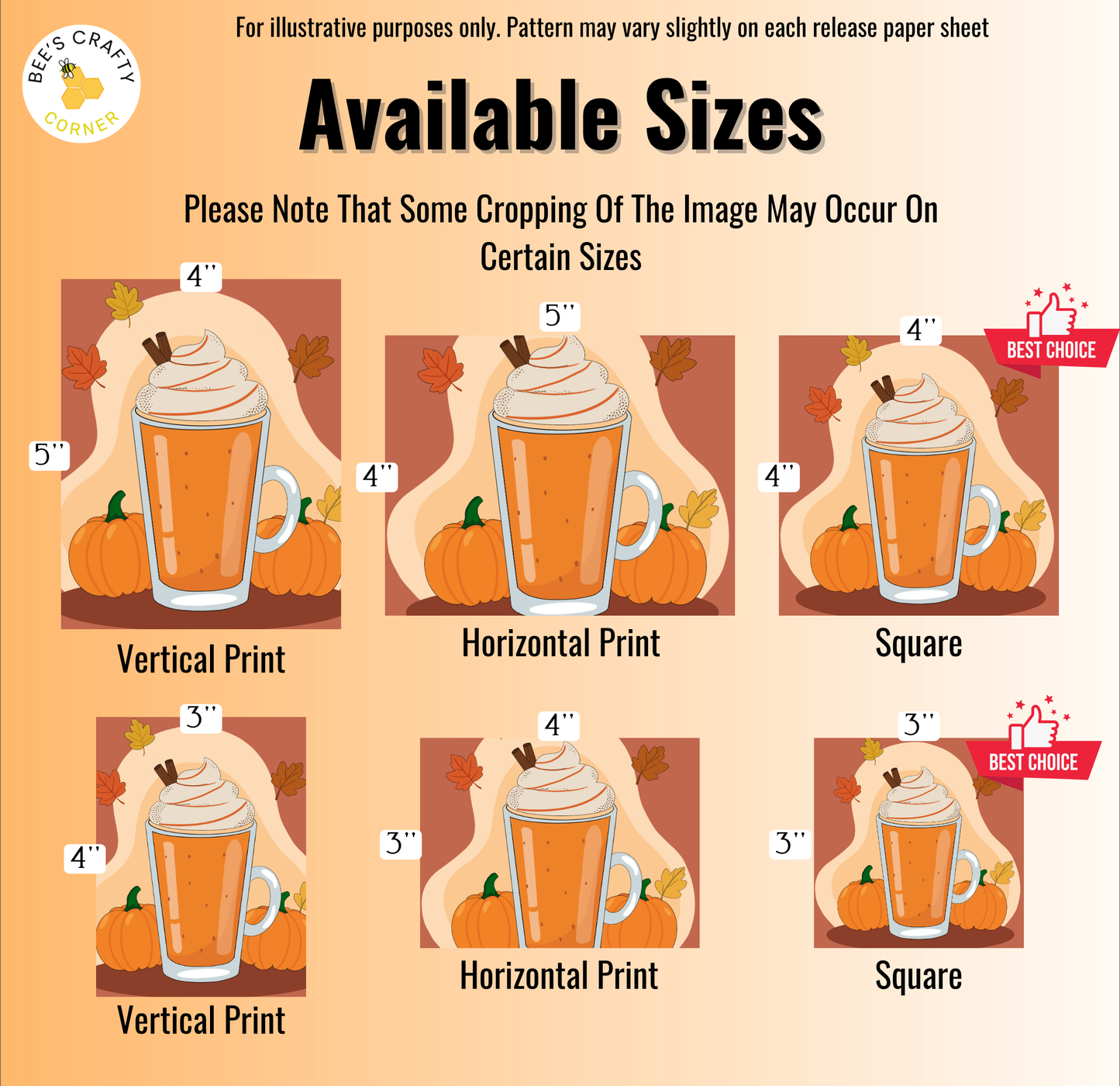 The image is a collection of six different sizes of pumpkin-themed items, including a pumpkin, a pumpkin with whipped cream on top, and a pumpkin with a whipped cream-topped drink.