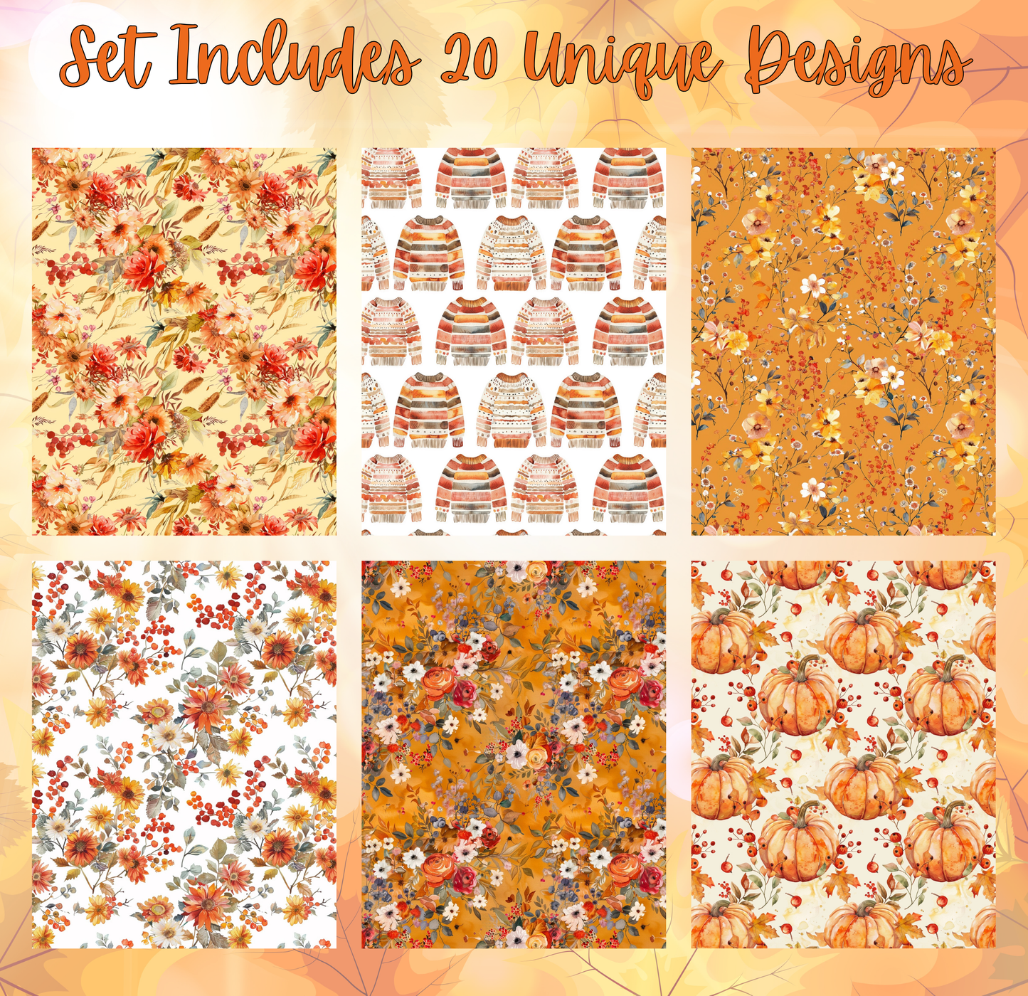 a set of six unique designs, each featuring a different pattern or color scheme. The designs include floral patterns, sweater patterns, and pumpkin patterns, all with a warm, autumnal theme.