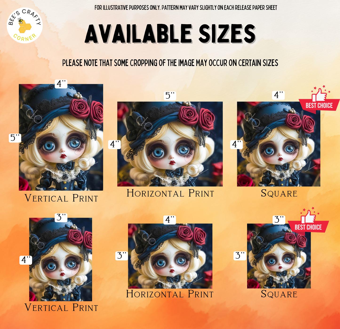 The image is a collage of six images featuring a doll with a black hat and red roses, each with different sizes and orientations.