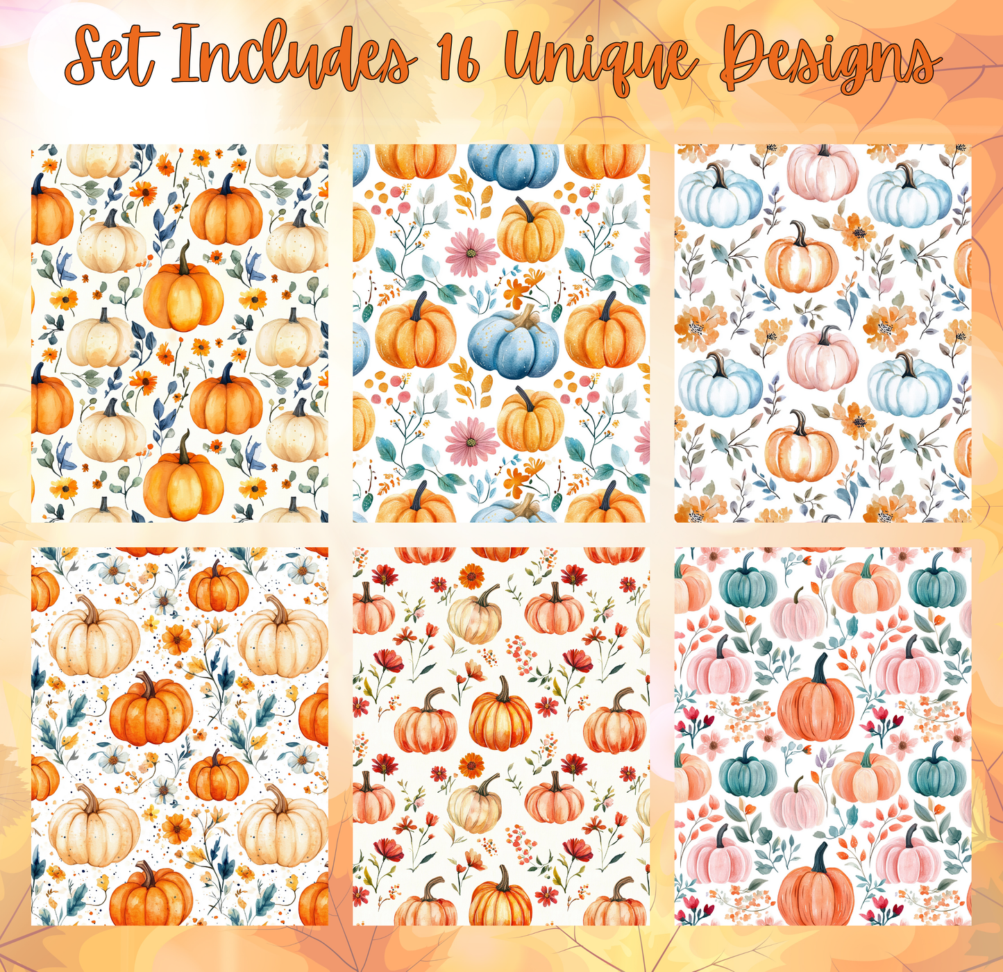a set of six unique pumpkin designs, each with a different pattern and color scheme. The designs include various arrangements of pumpkins, flowers, and leaves, creating a visually appealing and autumnal theme.