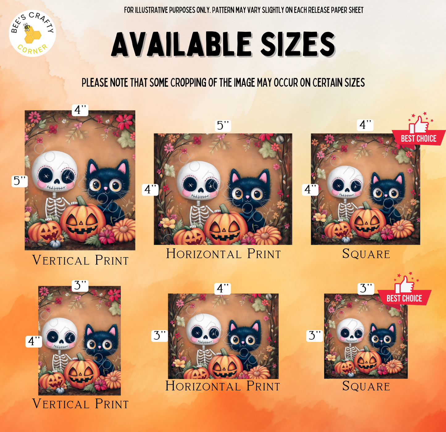 The image is a collection of Halloween-themed illustrations, including skeleton and cat characters, pumpkins, and flowers. The illustrations are available in various sizes, with the largest one being 4 feet tall.