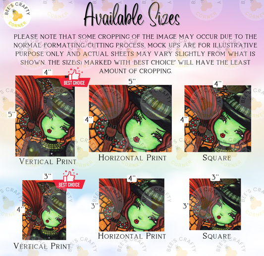 The image is a collage of six different sizes of illustrations of a witch's face, each with a unique style and color scheme. The illustrations are arranged in a grid format, with three illustrations in each row and two illustrations in each column. The sizes of the illustrations vary, ranging from 3" to 4" in height. The illustrations are labeled with the text "Vertical Print" and "Horizontal Print" to indicate their respective printing styles.
