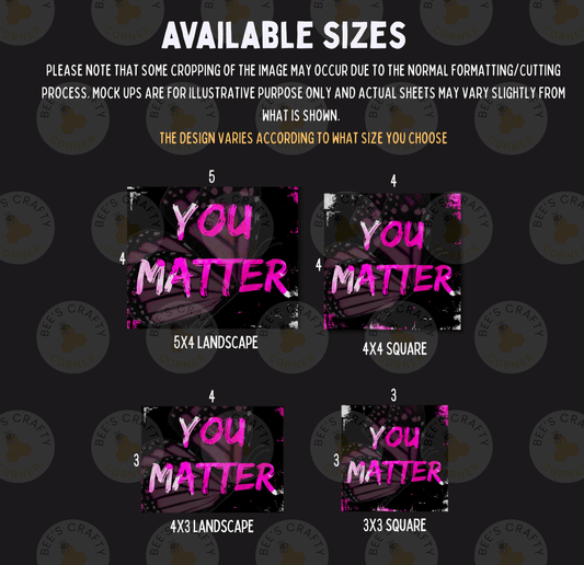 four different sizes of the phrase "You Matter" in pink and black text, with varying background designs.