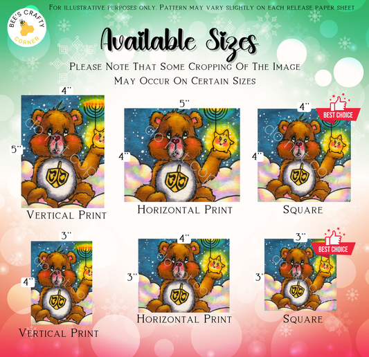 The image is a collage of six different sizes of the same illustration of a teddy bear, each with a unique size and orientation.