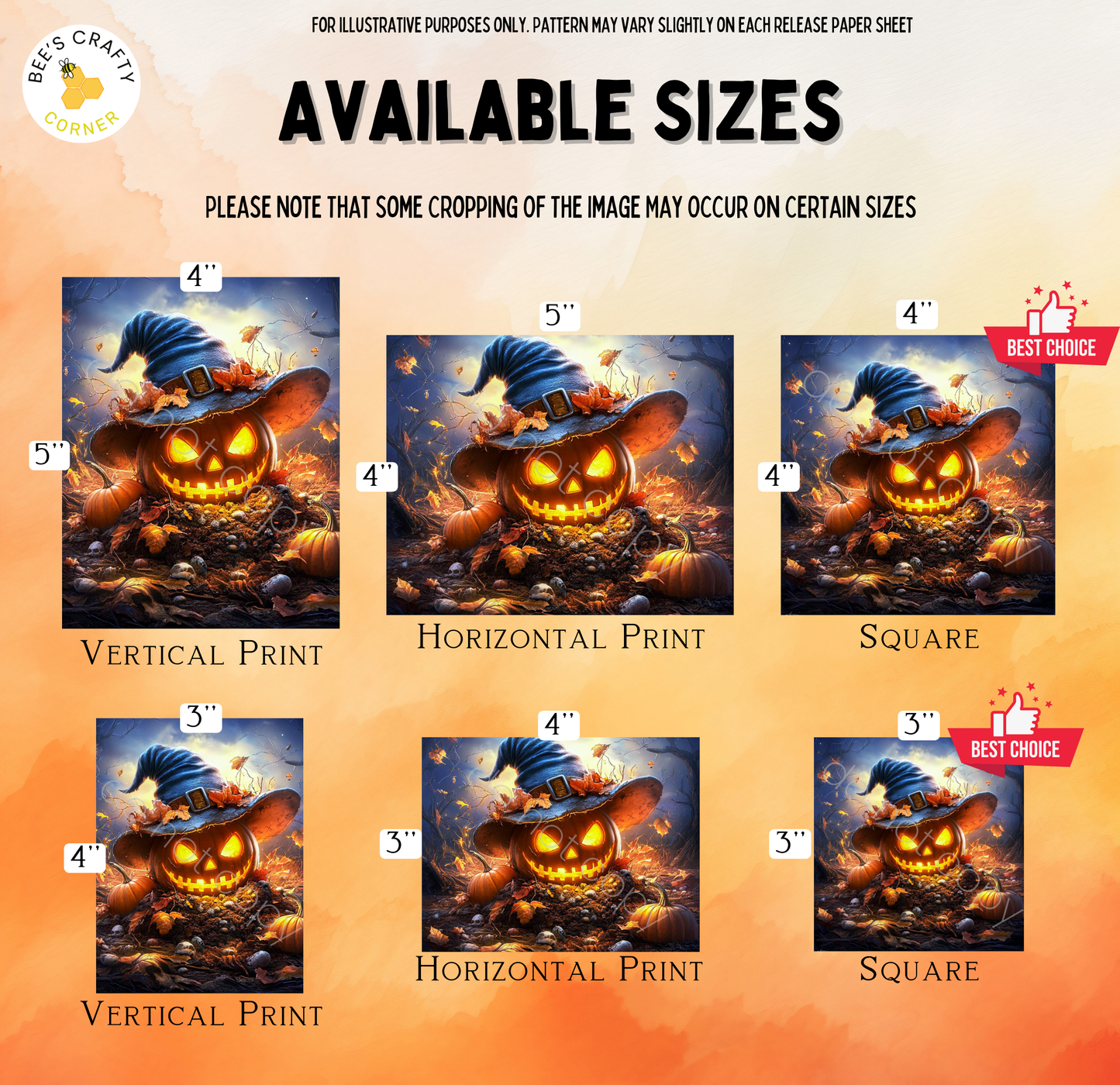 The image is a collage of six Halloween-themed images, each with a different size and style. The images include a jack-o-lantern, a witch's hat, and a pumpkin. The sizes range from 4" to 5" and the styles vary from vertical prints to square prints. The images are presented in a grid format, with each image labeled with its size and style.