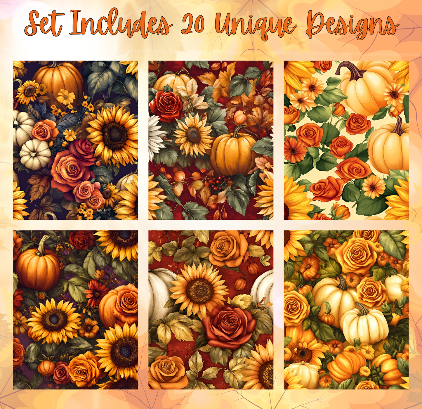 a set of six different autumn-themed designs, featuring a variety of flowers, pumpkins, and leaves in warm colors such as orange, yellow, and red.