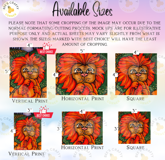 The image is a collage of six different sizes of the same illustration of a lion, with varying cropping and framing.
