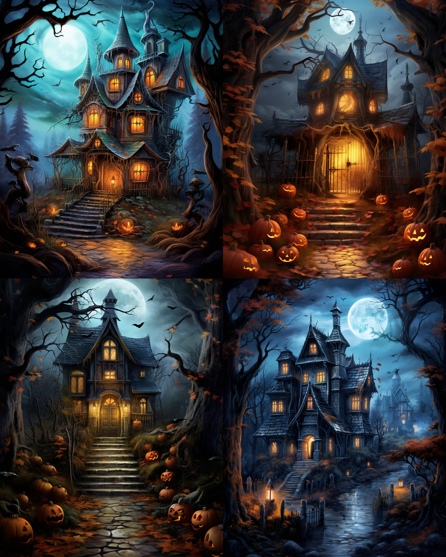 The image is a collage of four Halloween-themed pictures featuring spooky, illuminated houses and trees with jack-o-lanterns.
