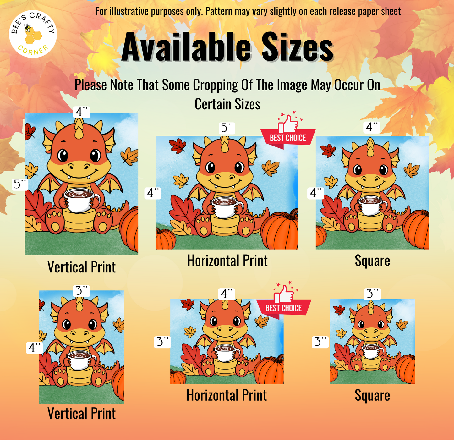 The image is a collection of six different sizes of dragon illustrations, each with a unique size and orientation. The dragons are depicted in various poses, such as sitting, standing, and drinking from a cup. The sizes range from 4" to 4" in height, and the orientations include vertical, horizontal, and square. The image does not contain any text, and the descriptions provided are general and not specific to any particular image.