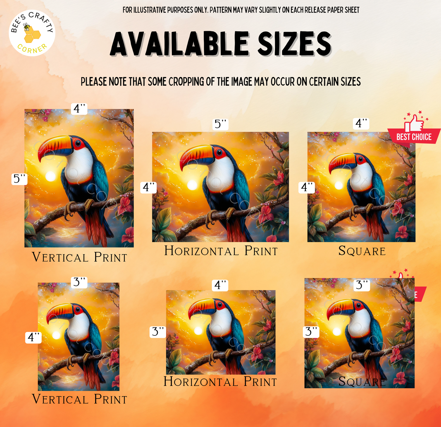 The image is a collage of six different sizes of paintings or prints of a colorful toucan bird, each depicting the bird in a unique style and perspective.