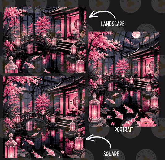 The image is a collage of three pictures depicting a serene and picturesque landscape with a traditional Japanese-style building, a pond with pink flowers, and lanterns. The collage is divided into three sections, each with a different title: "LANDscape", "PORTRAIT", and "SQUARE".
