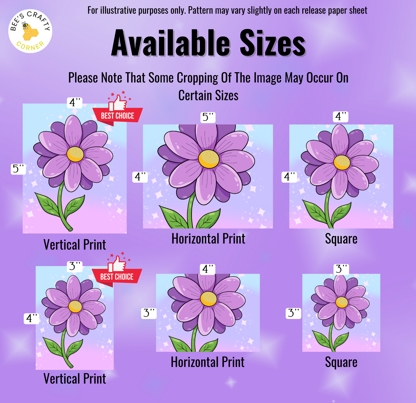 six different sizes of purple flowers, each with a corresponding label indicating the size. The sizes are 4", 5", 4", 5", 4", and 3".