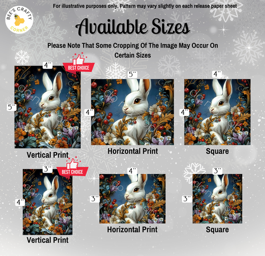 The image is a collection of six different sizes of illustrations of a rabbit, each with a unique style and color scheme. The illustrations are arranged in a grid format, with three images in each row and two images in each column. The sizes of the illustrations vary, ranging from 4" to 5" in height. The illustrations are described as vertical prints, horizontal prints, and square prints, indicating their respective sizes and styles.