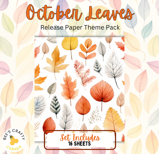 The image is a release paper theme pack for October leaves, featuring a variety of autumn leaves in different colors and sizes. The pack includes 16 sheets, providing a diverse collection of leaf designs for various purposes.