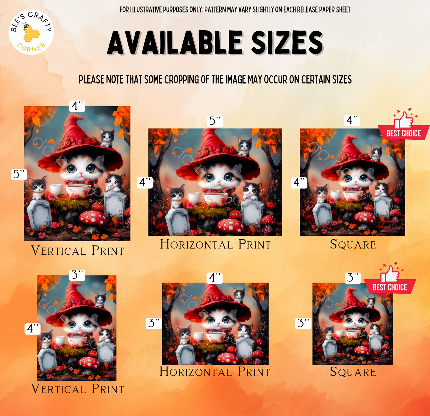 The image is a collage of six images featuring cats wearing hats, with varying sizes and orientations. The cats are surrounded by mushrooms and leaves, creating a whimsical and playful scene. The images are labeled with their respective sizes, such as "4" and "5", and the type of print, such as "Vertical Print" and "Horizontal Print". The collage is intended for illustrative purposes only, and the exact content of each image may vary slightly on each release paper sheet.