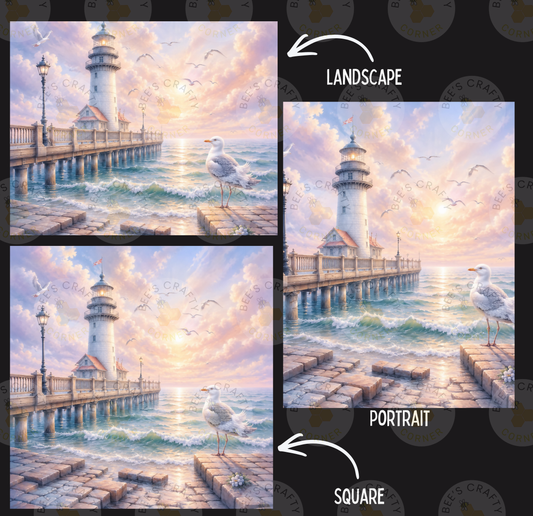 The image is a collage of three pictures depicting a serene coastal scene with a lighthouse, a pier, and seagulls. The first image shows the lighthouse and the pier, the second image depicts the lighthouse and the seagulls, and the third image features the lighthouse and the seagulls. The image is labeled as a landscape and a portrait, and it is a square image.