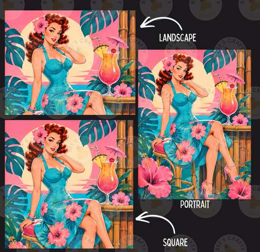 The image is a collage of three pictures featuring a woman in a blue dress and hibiscus flowers, with tropical elements such as palm leaves, flowers, and drinks.