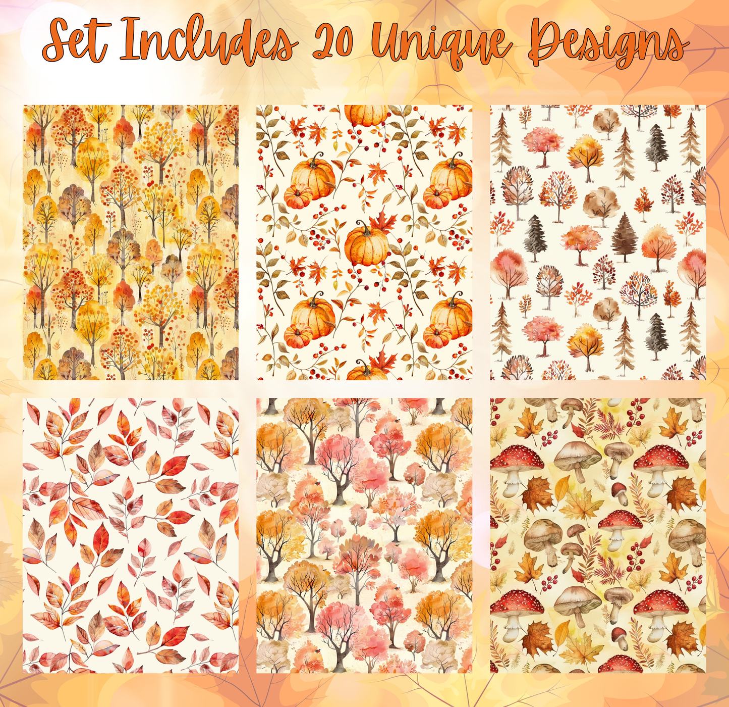 a set of six unique autumn-themed designs, each featuring different patterns and color schemes. The designs include various patterns of trees, pumpkins, mushrooms, and leaves, all set against a warm, autumnal background.