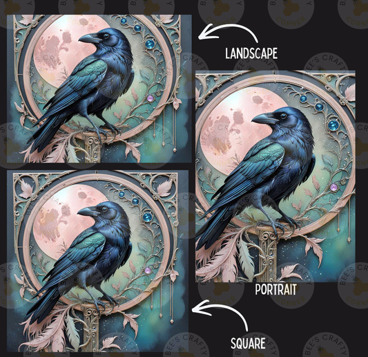 The image is a collage of three pictures featuring a black crow perched on a branch, with a large moon in the background. The images are labeled as "Landscape", "Portrait", and "Square".