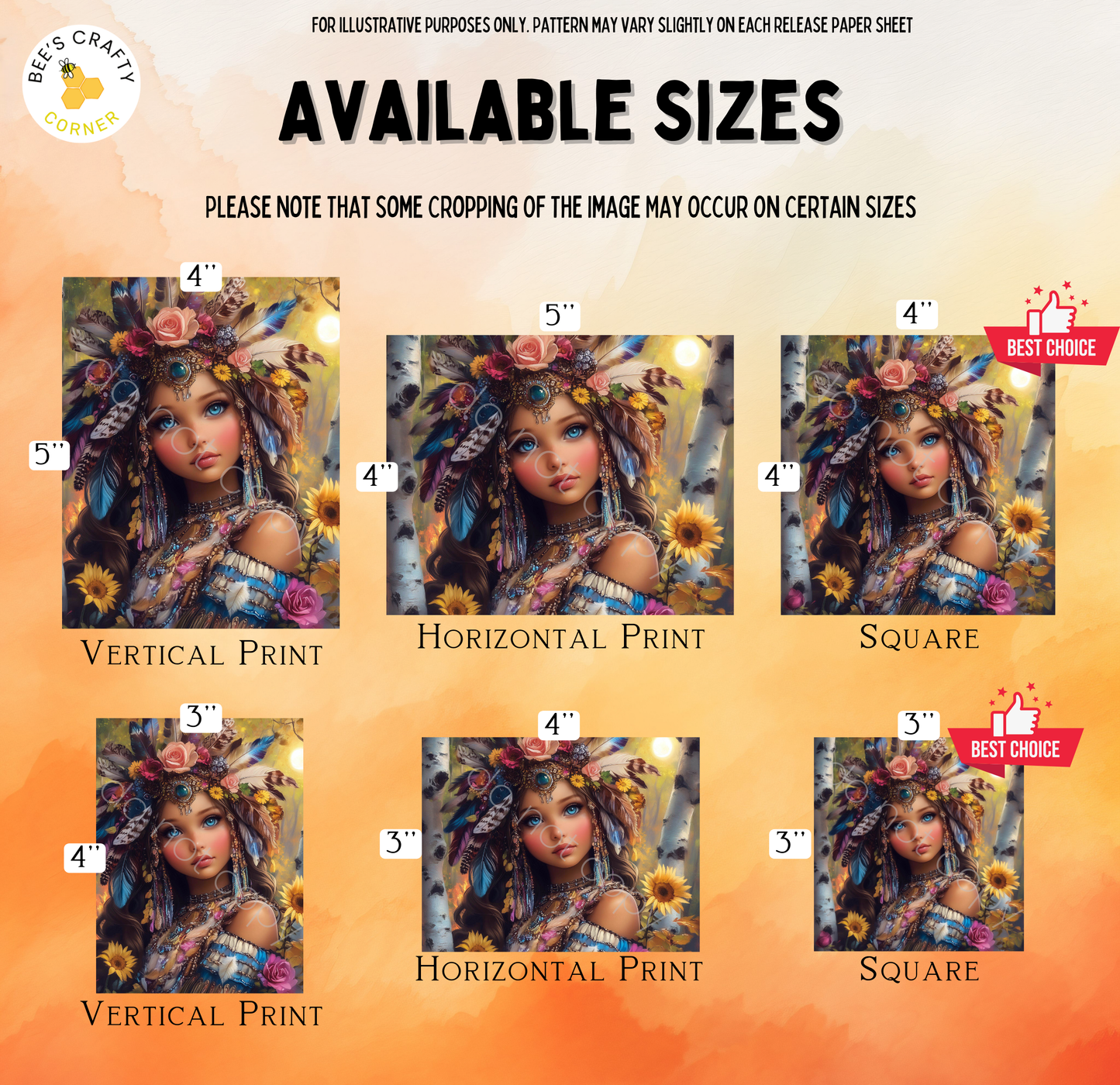 The image is a collage of six different sizes of the same artistic illustration, featuring a woman with a colorful headdress and floral elements. The sizes range from 4" to 5" and are labeled accordingly.