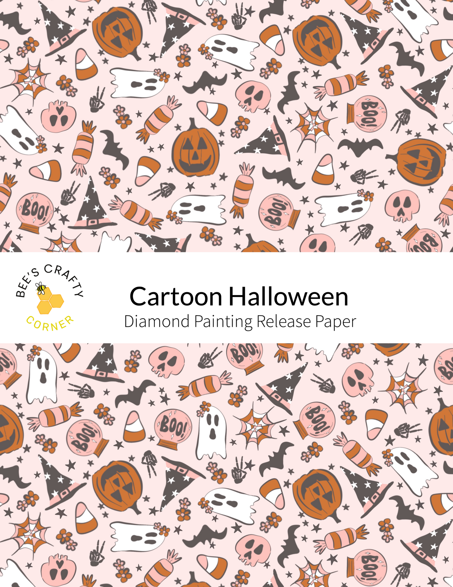 The image is a repeating pattern of Halloween-themed illustrations, including bats, pumpkins, candy canes, and ghostly figures. The pattern is predominantly pink and black, with various shades of orange and brown adding to the festive atmosphere. The text "Cartoon Halloween" is visible, indicating the theme of the image.