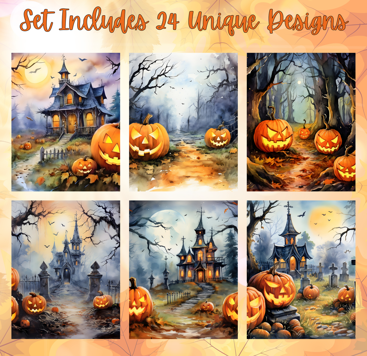 The image is a collage of 24 unique Halloween-themed scenes, featuring jack-o'-lanterns, spooky houses, and eerie forests.