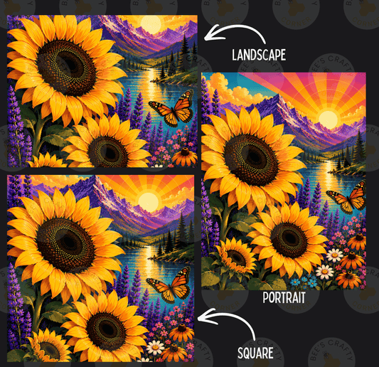The image is a collage of three pictures depicting a landscape with sunflowers, butterflies, and mountains. The first picture is a landscape, the second is a portrait, and the third is a square.