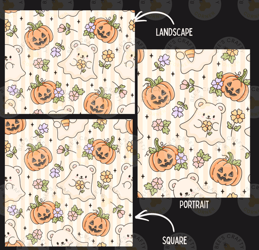a repeating pattern of Halloween-themed elements, including pumpkins, ghost, flowers, and bears. The pattern is divided into three sections, each with a different style of arrangement. The top section features a landscape-style arrangement, the middle section has a portrait-style arrangement, and the bottom section has a square-style arrangement. The image is labeled with the words "LANDSCAPE", "PORTRAIT", and "SQUARE" to describe the different styles of arrangement.