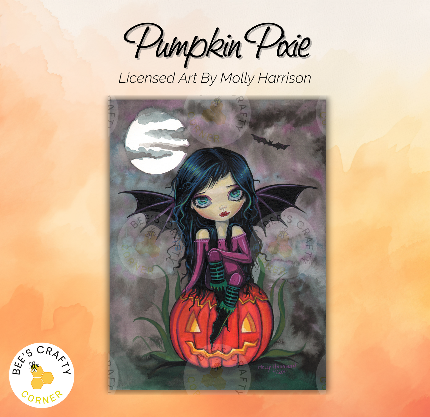 The image is a painting depicting a young girl with long dark hair sitting on a carved pumpkin, surrounded by a spooky Halloween-themed background.