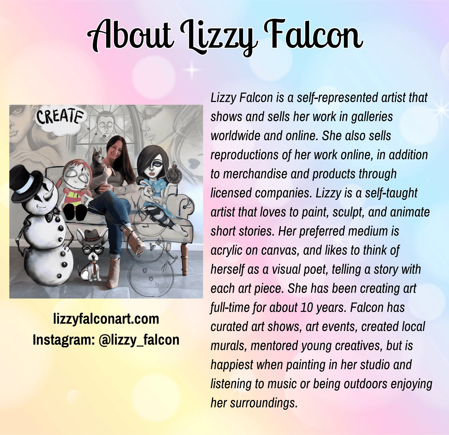The image is a collage featuring a woman sitting on a couch with various cartoon characters, including a snowman, a cat, and a dog, as well as a painting of the same characters.