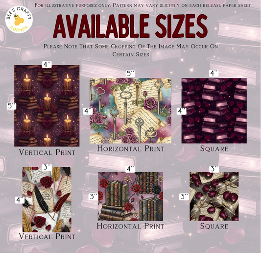 six different available sizes of patterned fabric, including vertical, horizontal, and square designs. The sizes are labeled as 4", 5", 4", 5", 4", and 3", with corresponding images of each size.