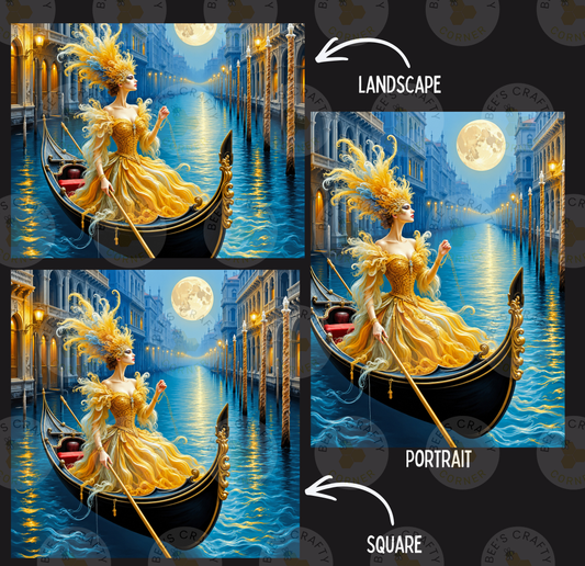 The image is a collage of three pictures depicting a woman in a gondola on a canal in a city at night. The woman is wearing a golden dress and has a large headdress. The collage is labeled as a landscape and a portrait, and it is a square image.