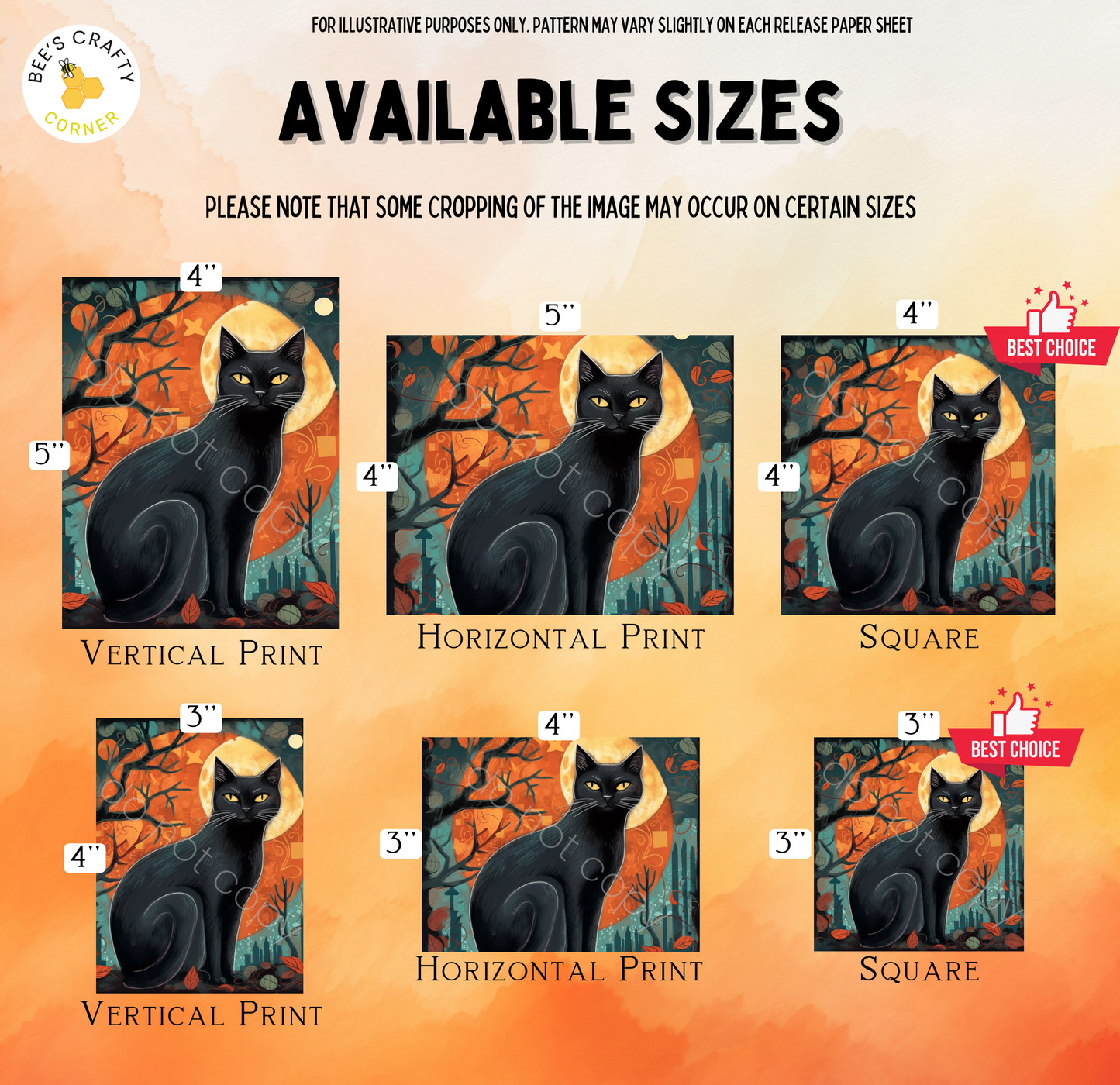 The image is a collection of six different sizes of black cat illustrations, each with a unique style and color scheme. The cats are depicted in various poses and settings, such as standing, sitting, and interacting with their surroundings. The sizes of the illustrations range from 4" to 5" in height, and from 3" to 4" in width. The cats are shown in different artistic styles, such as vertical print, horizontal print, and square print, adding variety and visual interest to the collection.