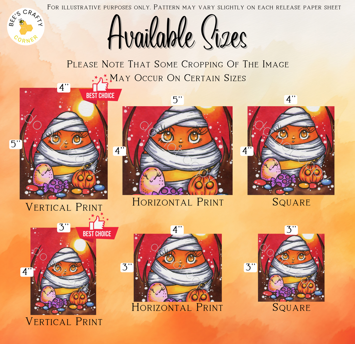 The image is a collection of six different sizes of illustrations featuring a cartoon character, likely a cat, with various Halloween-themed elements such as pumpkins, bats, and other spooky decorations. The illustrations are presented in a vertical layout, with each size labeled below the corresponding illustration.