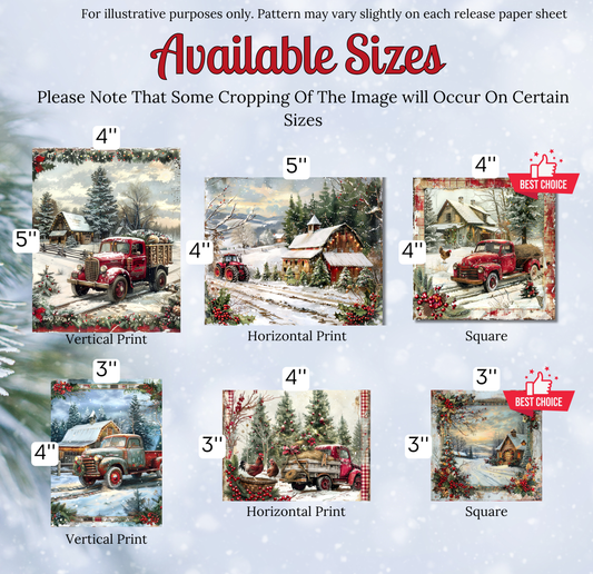 six different sizes of Christmas-themed paintings or illustrations, each depicting a different scene or landscape. The sizes range from 4" to 4" in width, and the images include various elements such as trucks, houses, trees, and snow. The text indicates that some cropping of the image will occur on certain sizes, and the available sizes are 4", 5", 4", 5", 4", and 4", with a "BEST CHOICE" label for the 4" size.