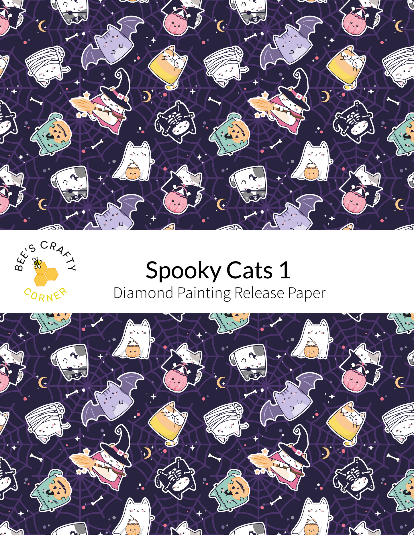 The image is a repeating pattern of various Halloween-themed cat illustrations, including bats, pumpkins, and other spooky elements, against a dark purple background.