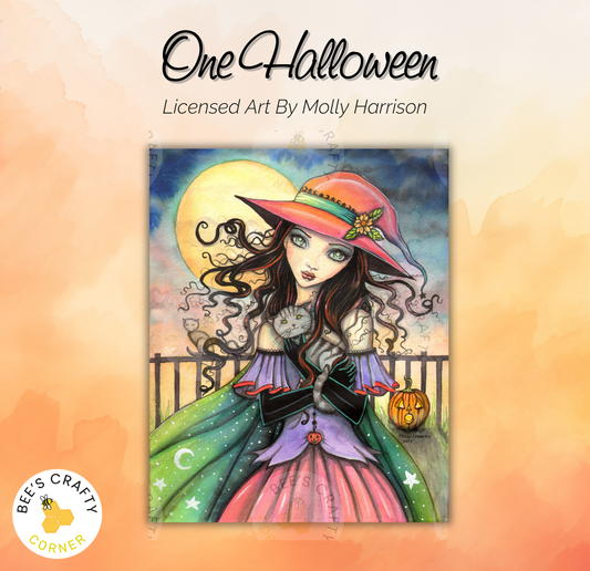 The image is a colorful illustration of a woman dressed as a witch, with a pumpkin and a crescent moon in the background.