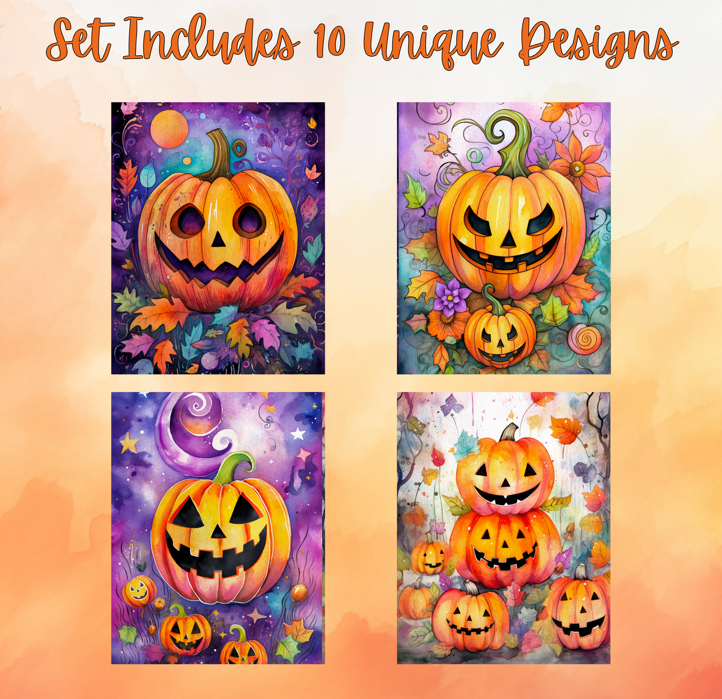 four distinct Halloween-themed illustrations, each featuring a jack-o-lantern surrounded by various autumn elements such as leaves, flowers, and a full moon.