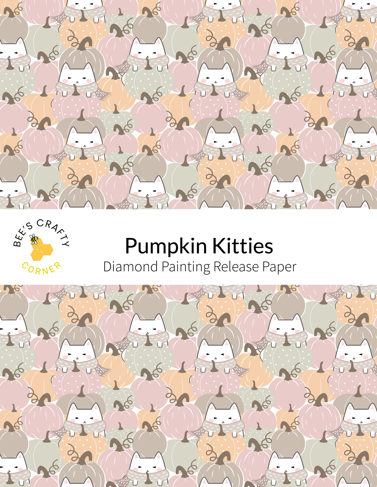The image is a repeating pattern of various cat illustrations, including both cats and pumpkins, creating a whimsical and playful design.