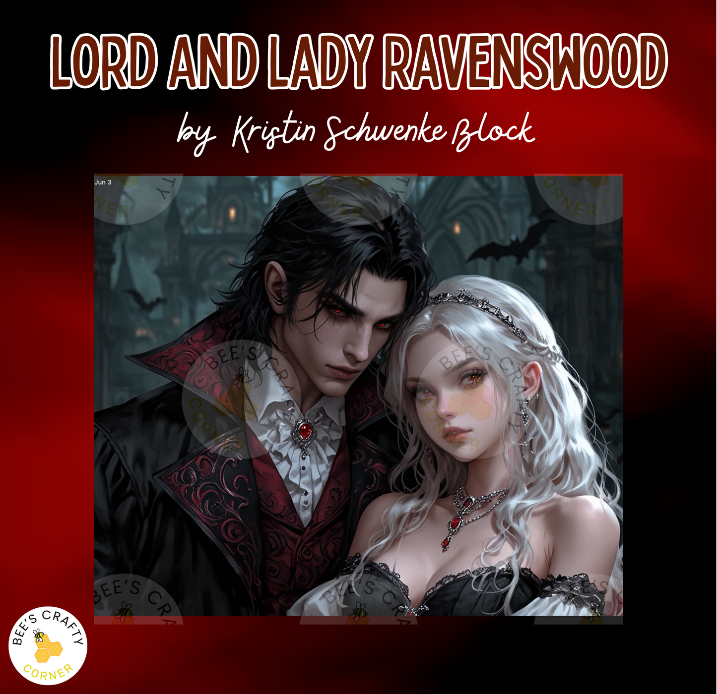 a man and a woman dressed in Victorian-era attire, with the man wearing a black cape and the woman wearing a white dress with a red headband.