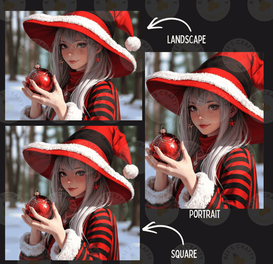 The image is a collage of three images featuring a young woman wearing a red and black striped outfit and a large red hat, holding a red ornament. The collage includes a landscape image, a portrait, and a square image, each with a caption indicating the type of image it is.