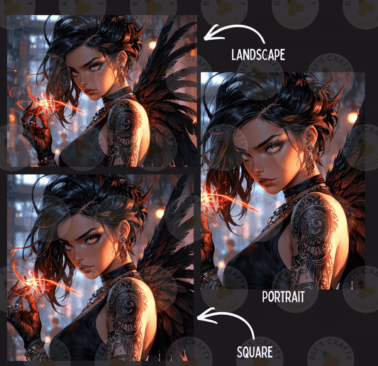 The image is a collage of three images depicting a woman with tattoos and a winged appearance. The first image shows the woman with a serious expression, the second image shows her with a more playful expression, and the third image shows her with a more dramatic expression. The images are labeled as "Landscape" and "Portrait" to indicate their artistic styles.