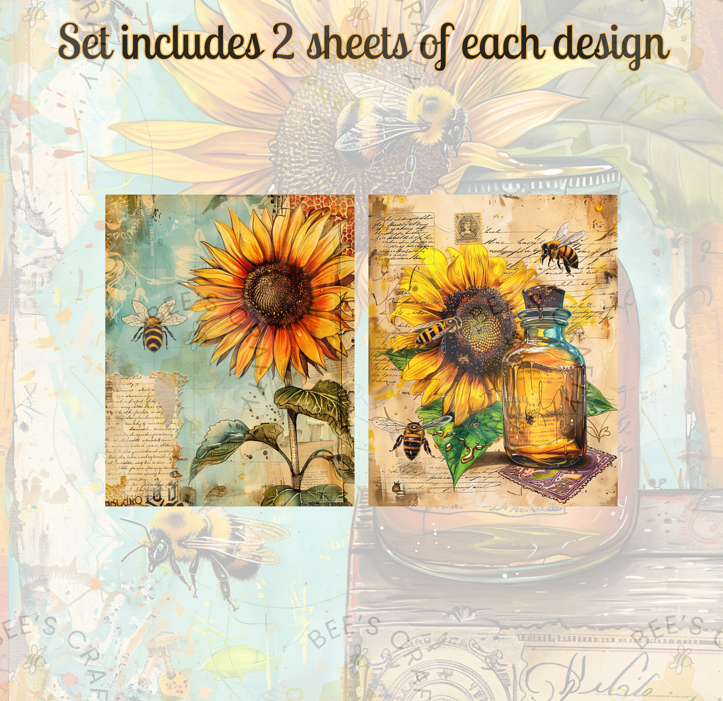 two framed artworks featuring sunflowers and bees. The artworks are set in a package that includes two sheets of each design.