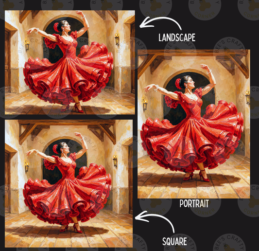 The image is a collage of three pictures depicting a woman in a red dress dancing. The collage includes two images of the woman in a landscape and a portrait, as well as a square image of the same woman in a red dress.